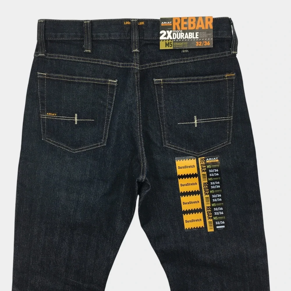 NEW! Ariat Rebar M5 Straight Jeans Mens 32x36 DuraStretch Dark Denim Work Wear
